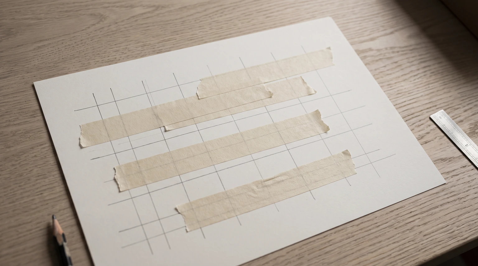 A pencilled grid on paper with tape strips laid across it at varying lengths