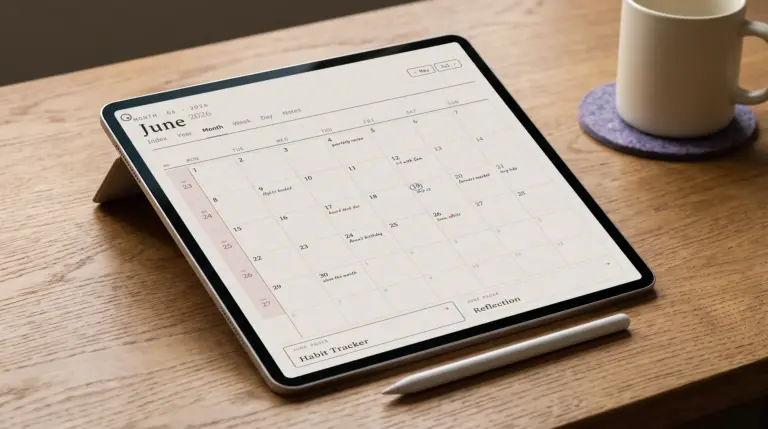 Our Goodnotes calendar template open on a tablet
