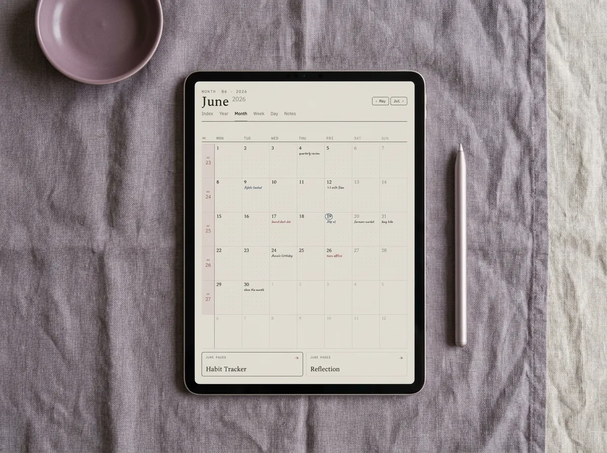 The monthly calendar inside our Goodnotes planner