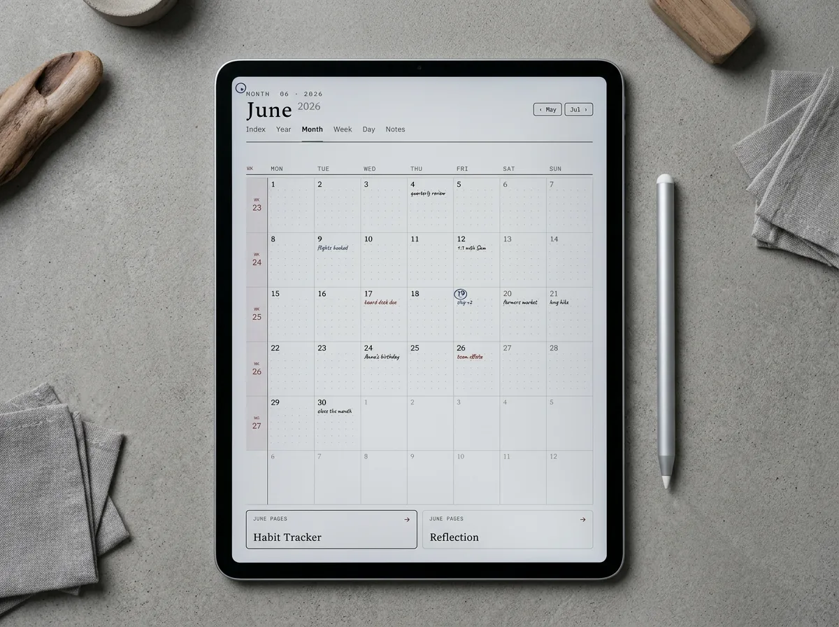 The monthly layout inside our Goodnotes planner