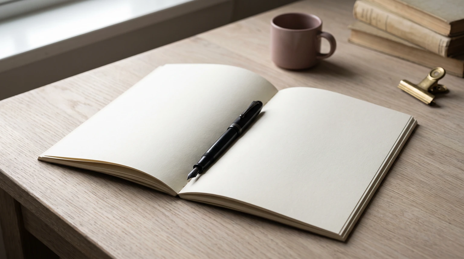 An open blank ledger book with a pen resting between the pages