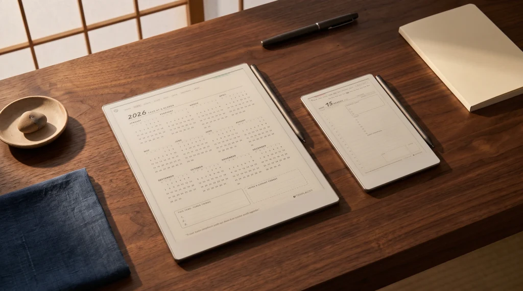 the same page a day planner on a full size e-ink tablet and a pocket sized one on a walnut desk, the size question in hardware