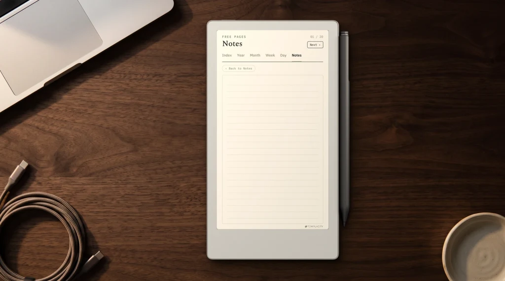 A reMarkable Paper Pro Move beside a laptop, its tall 9:16 portrait screen showing an imported notes template