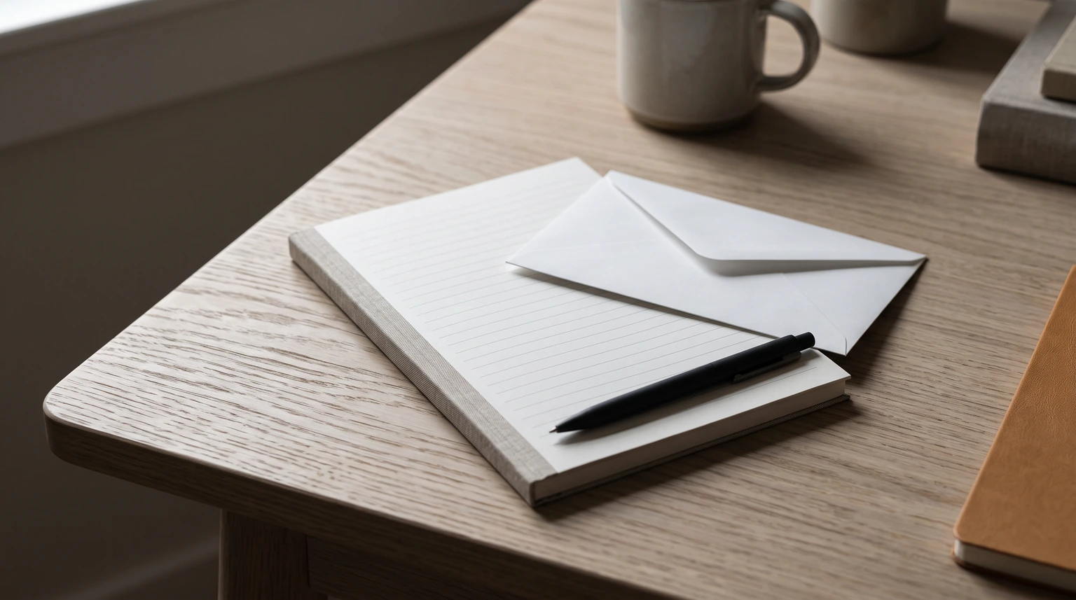 A blank ruled notepad, an envelope and a pen on a wooden desk