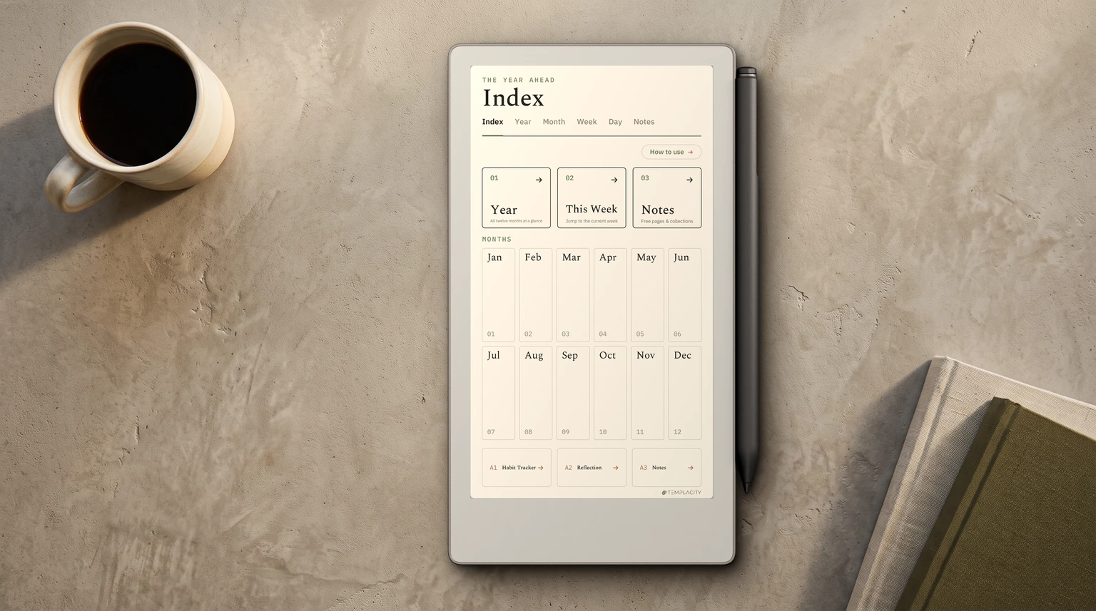 A reMarkable Paper Pro Move on a counter, its tall 9:16 portrait screen showing the planner index page
