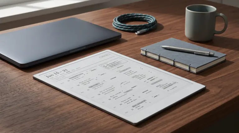 iFLYTEK AINOTE 2 on a desk showing a filled weekly planner page
