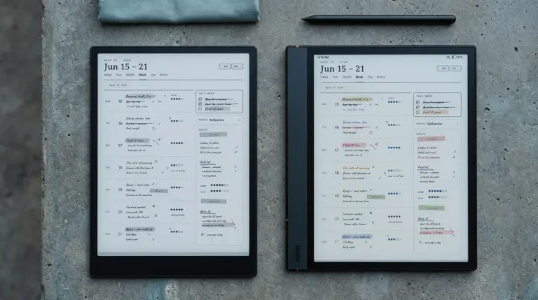 iFLYTEK AINOTE 2 beside a Boox Note Air 4C, both showing a weekly planner