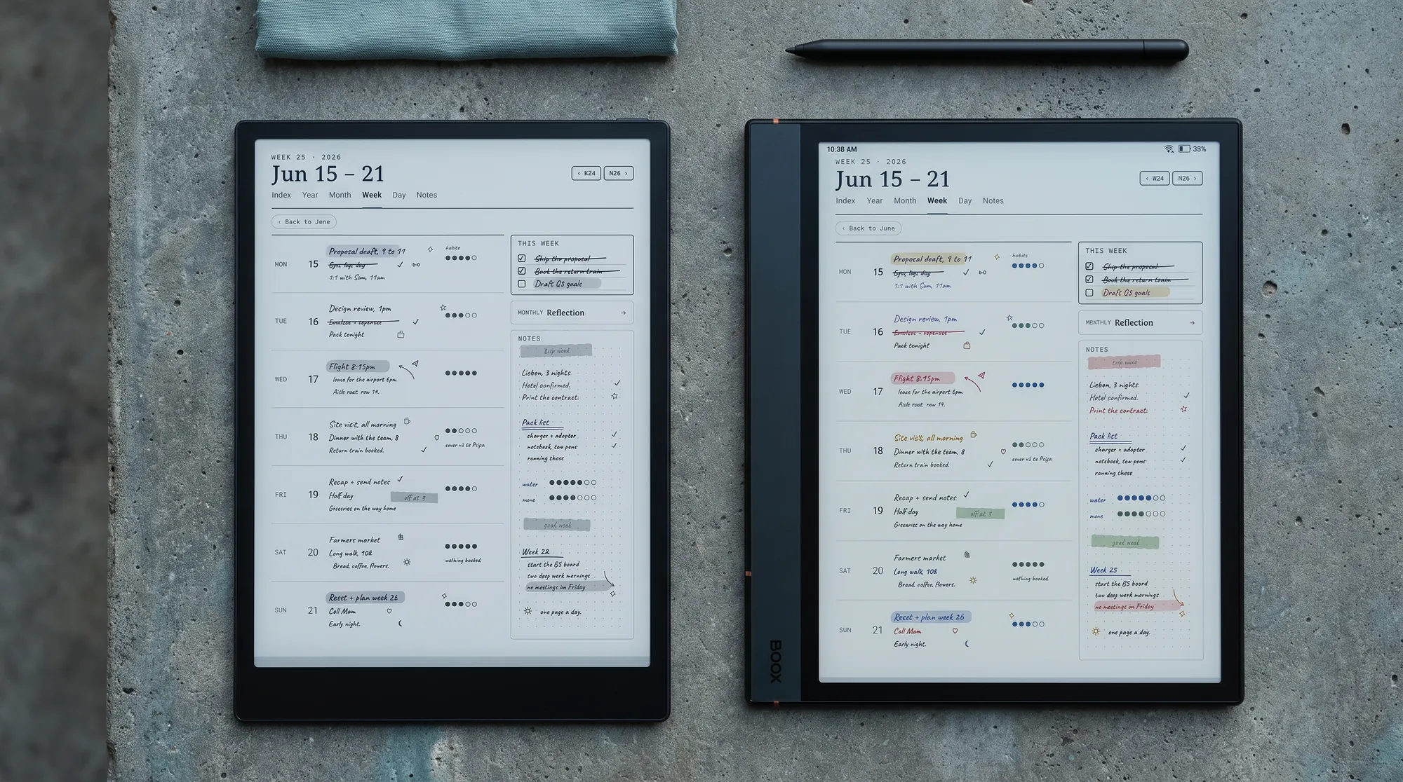 iFLYTEK AINOTE 2 beside a Boox Note Air 4C, both showing a weekly planner