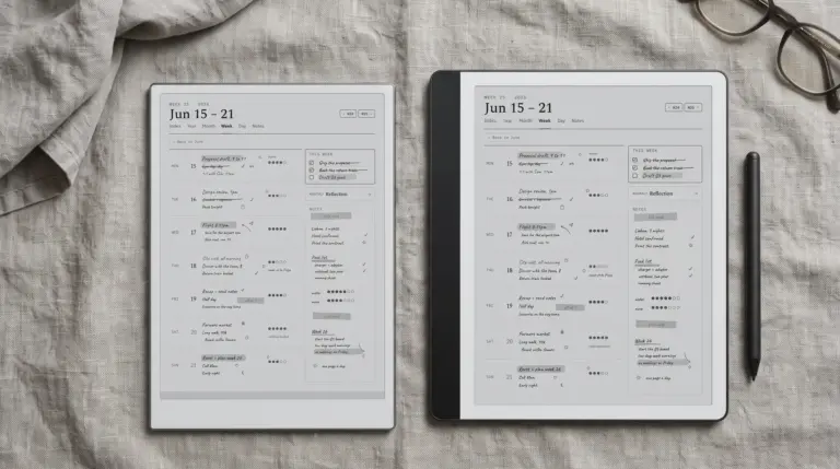 iFLYTEK AINOTE 2 beside a Kindle Scribe, both showing a weekly planner page