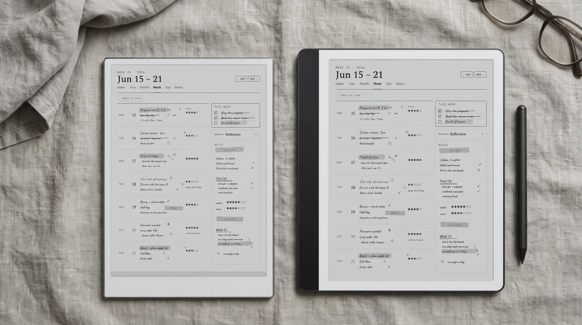 iFLYTEK AINOTE 2 beside a Kindle Scribe, both showing a weekly planner page