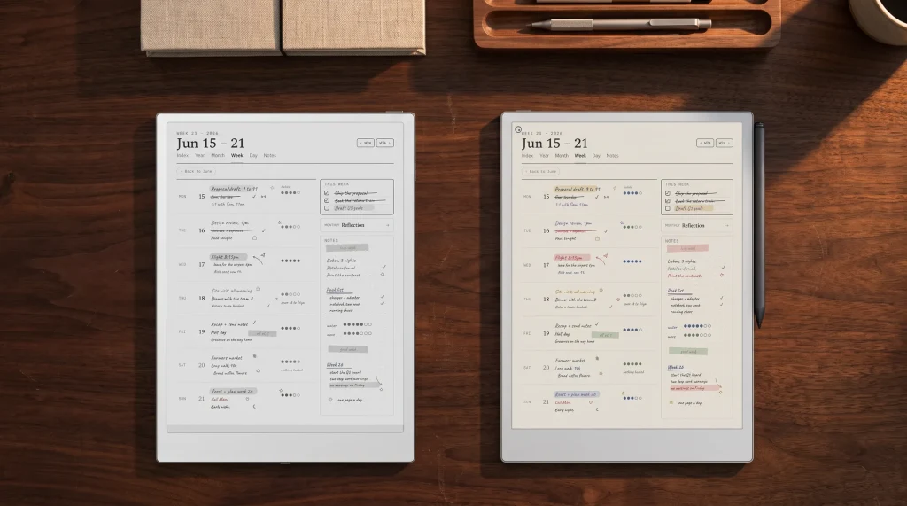iFLYTEK AINOTE 2 beside a reMarkable Paper Pro, both showing a weekly planner