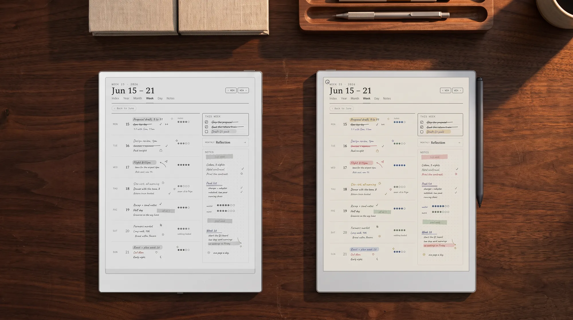 iFLYTEK AINOTE 2 beside a reMarkable Paper Pro, both showing a weekly planner