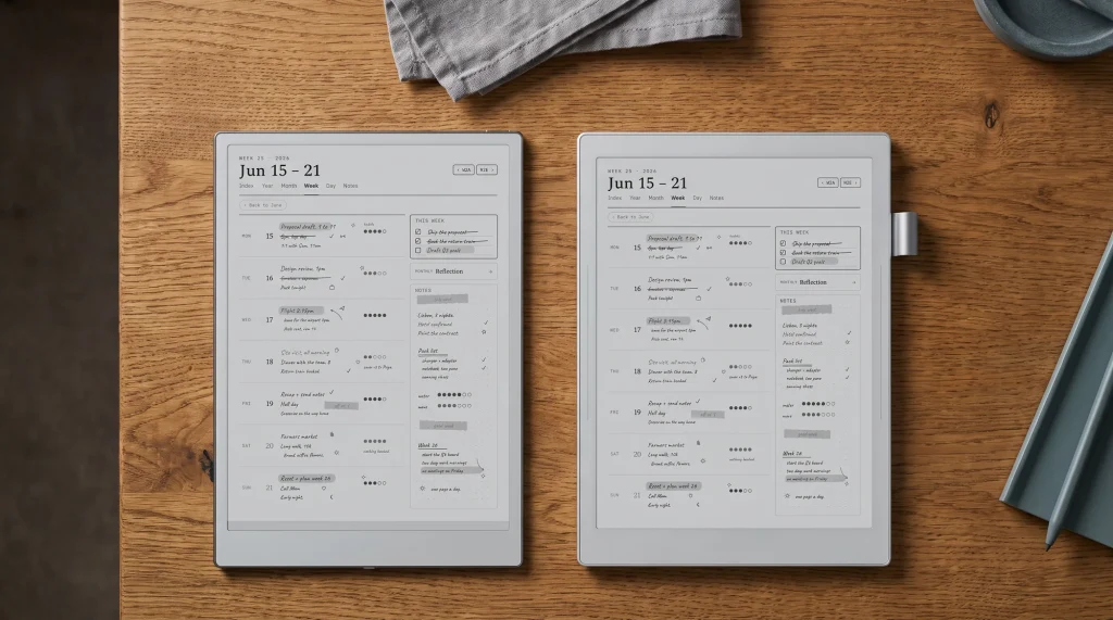 iFLYTEK AINOTE 2 beside a Supernote Manta, both showing a weekly planner