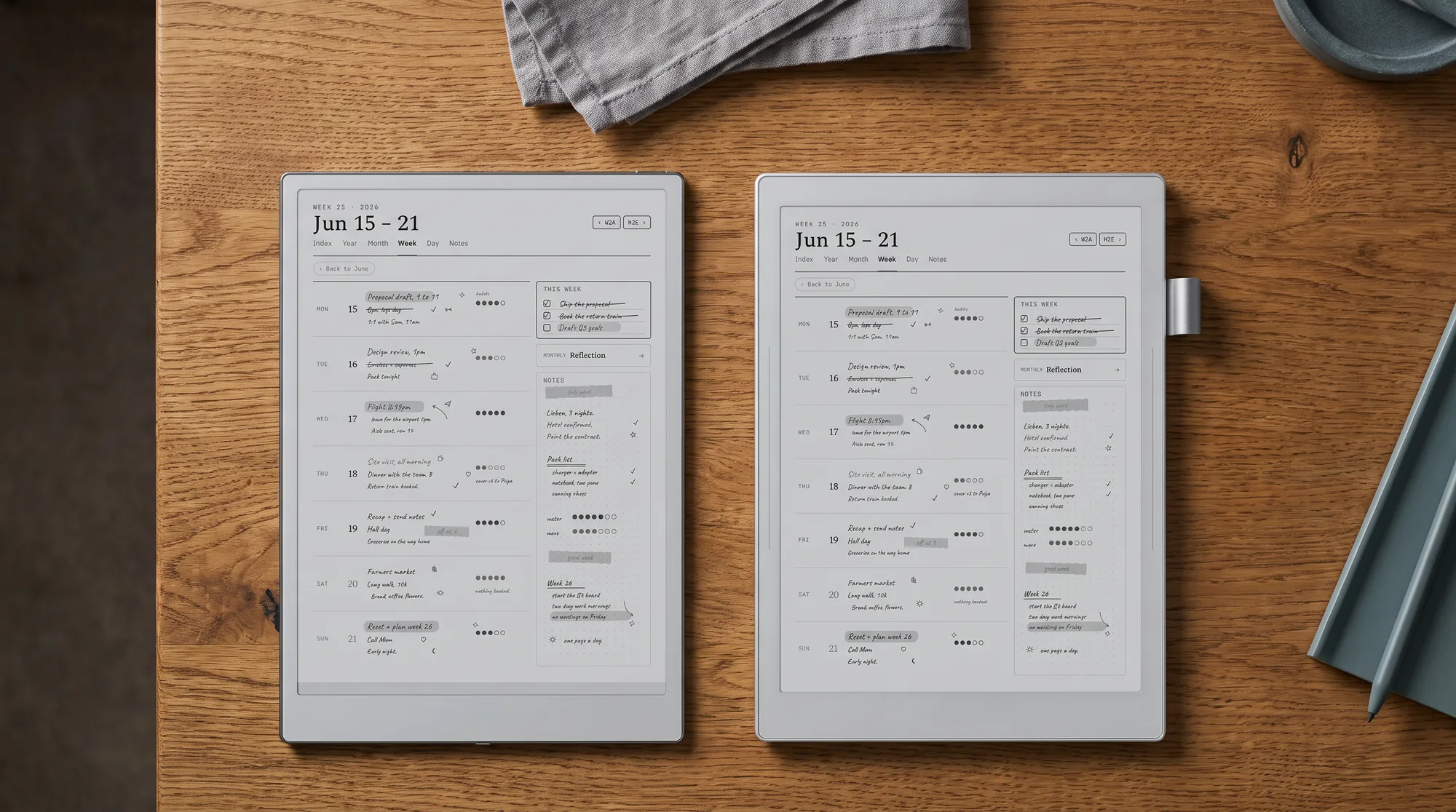 iFLYTEK AINOTE 2 beside a Supernote Manta, both showing a weekly planner