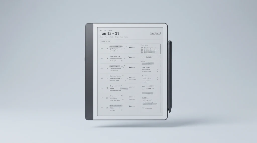 A Kindle Scribe showing a filled weekly planner spread, Monday to Sunday