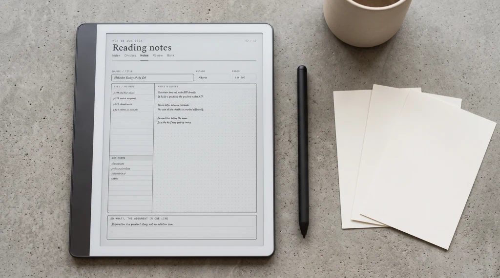 A Kindle Scribe lying flat showing a filled page of notes