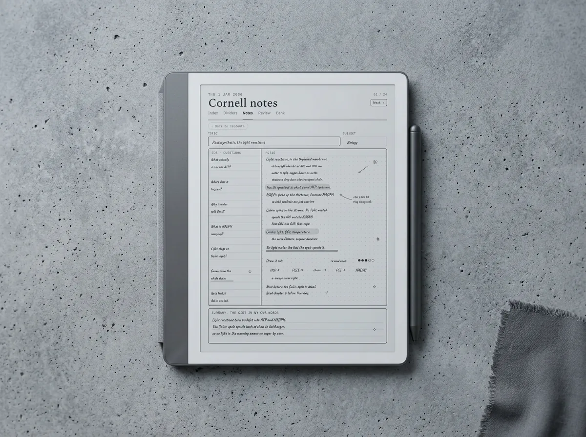 A structured note template on a Kindle Scribe instead of a blank page