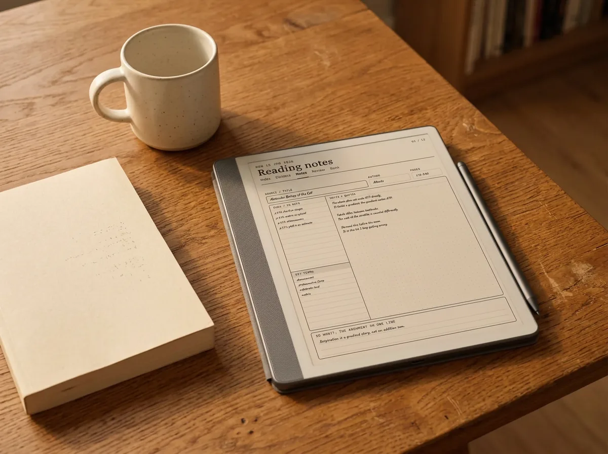 Reading notes kept on a Kindle Scribe beside the book they came from