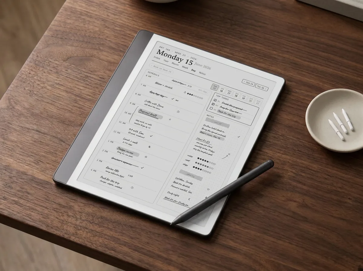 A Kindle Scribe pen resting on the tablet beside spare nibs