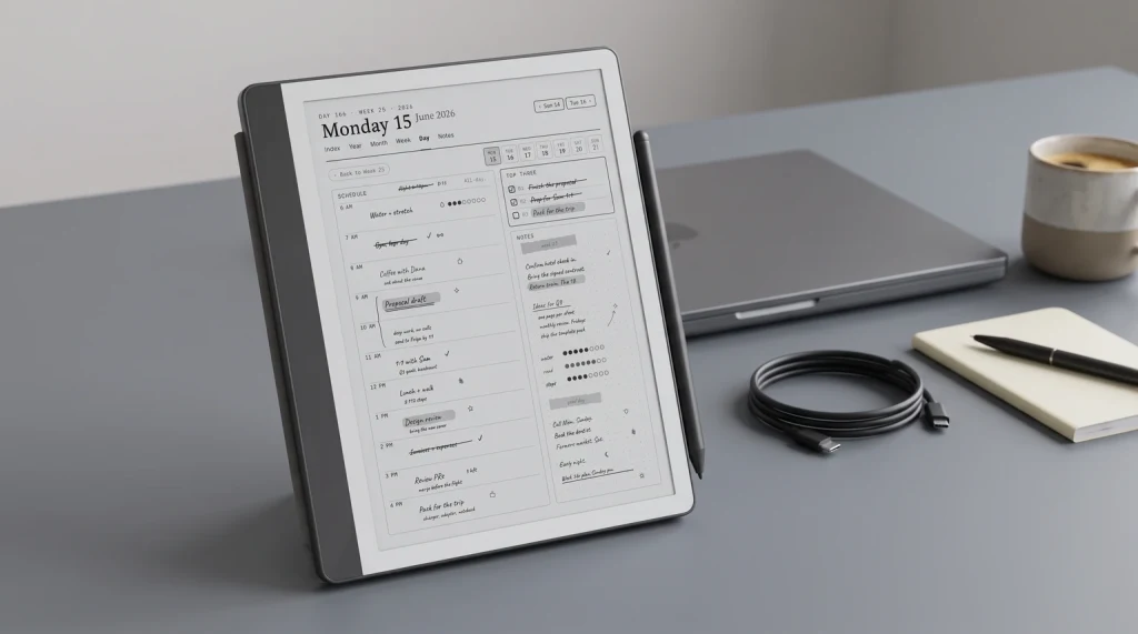 A Kindle Scribe on a work desk showing a filled weekly planner page