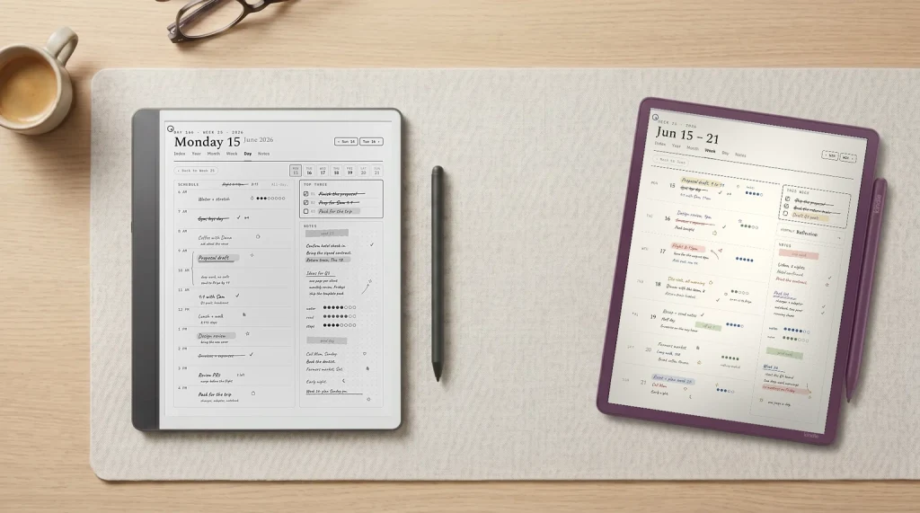 Kindle Scribe and Kindle Scribe Colorsoft side by side, mono versus color
