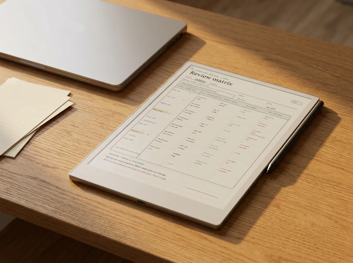 A literature review matrix filled in on a reMarkable Paper Pro