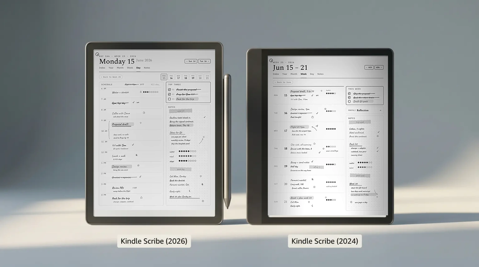 New Kindle Scribe beside the previous-generation Kindle Scribe