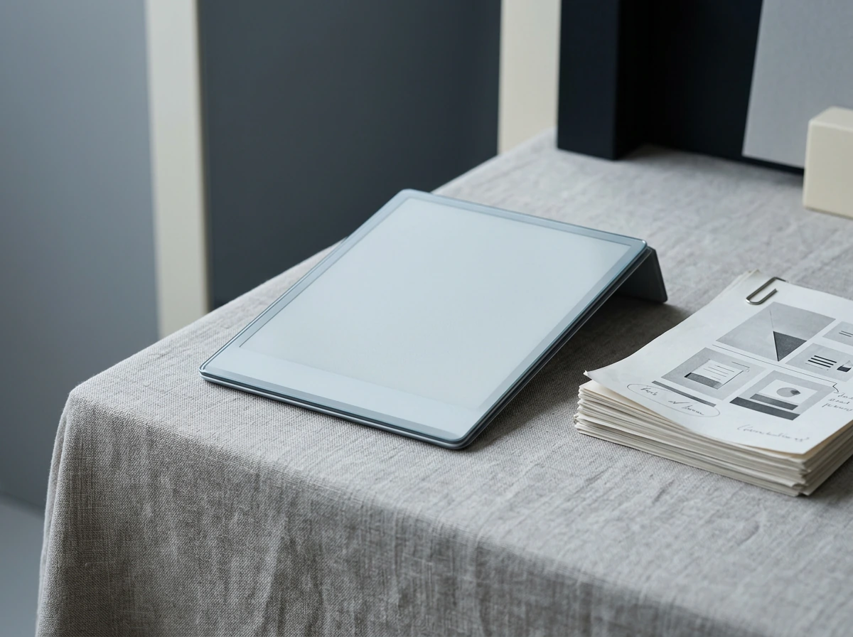A tablet propped beside a squared stack of printed planner pages