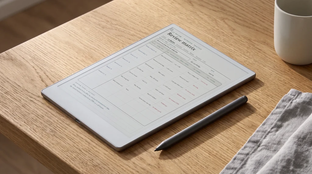 obsidian zettelkasten: a handwritten note on an e-ink tablet with a laptop blurred behind it