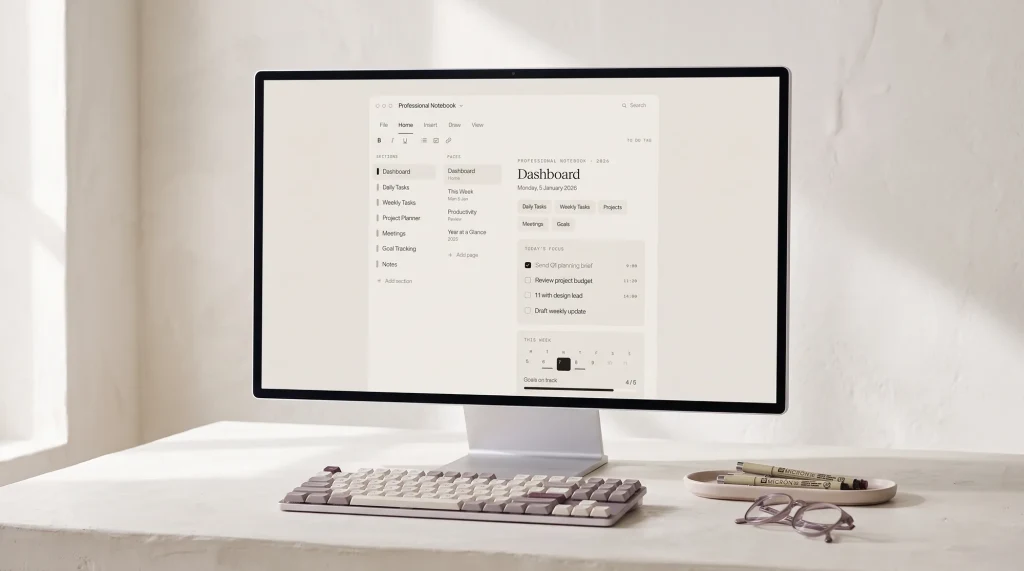A monitor showing the OneNote project management template dashboard