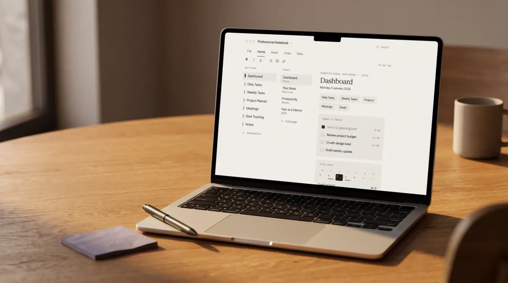 A laptop showing the OneNote task management template board