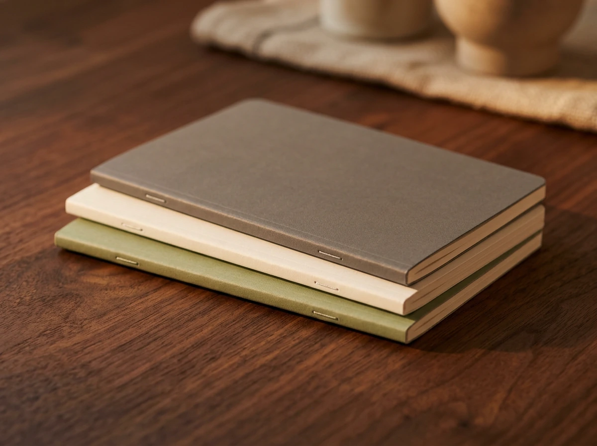 Three slim notebooks stacked in a short pile, spines facing forward