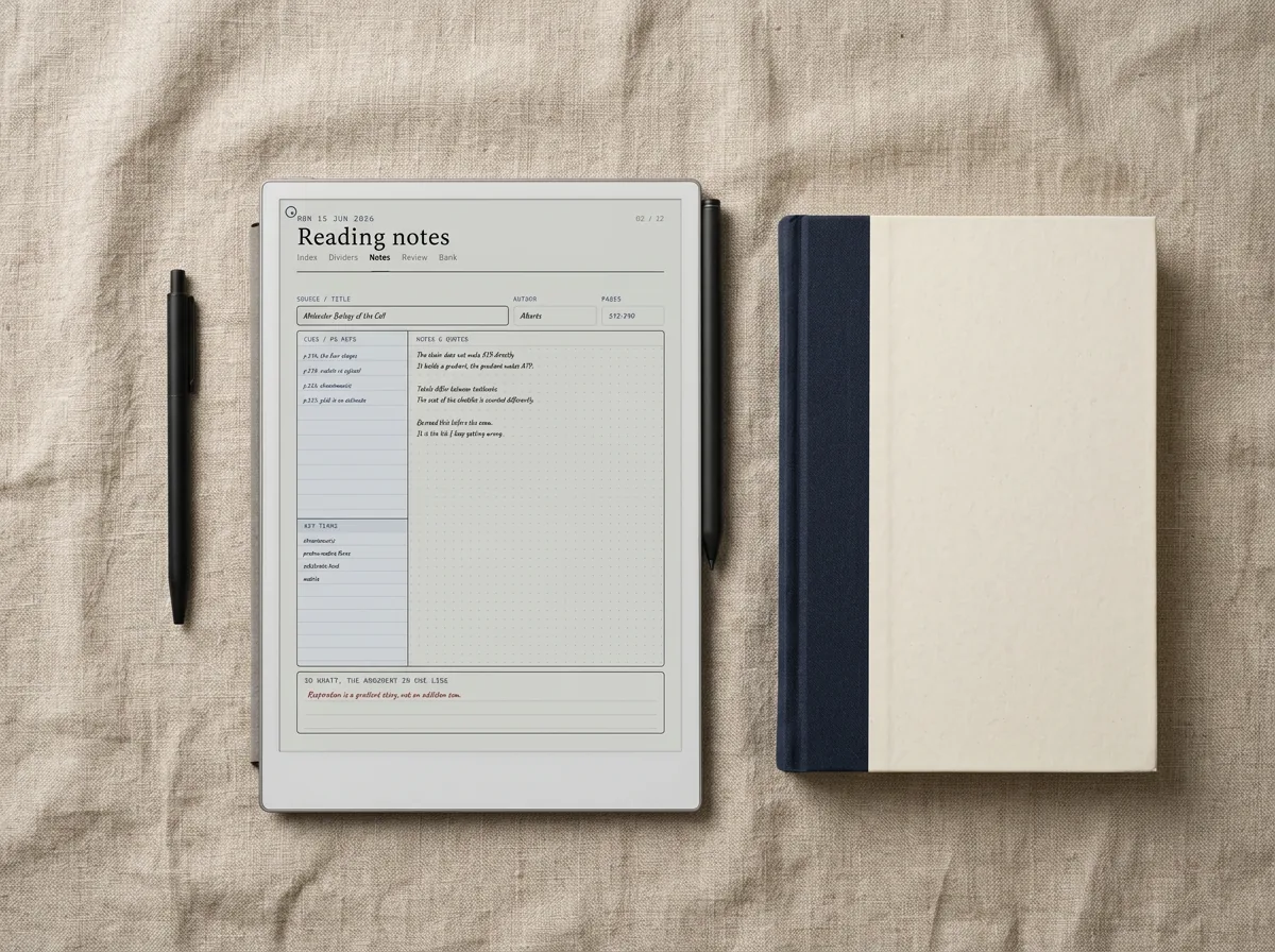 A reading log kept on e-ink beside the book it tracks