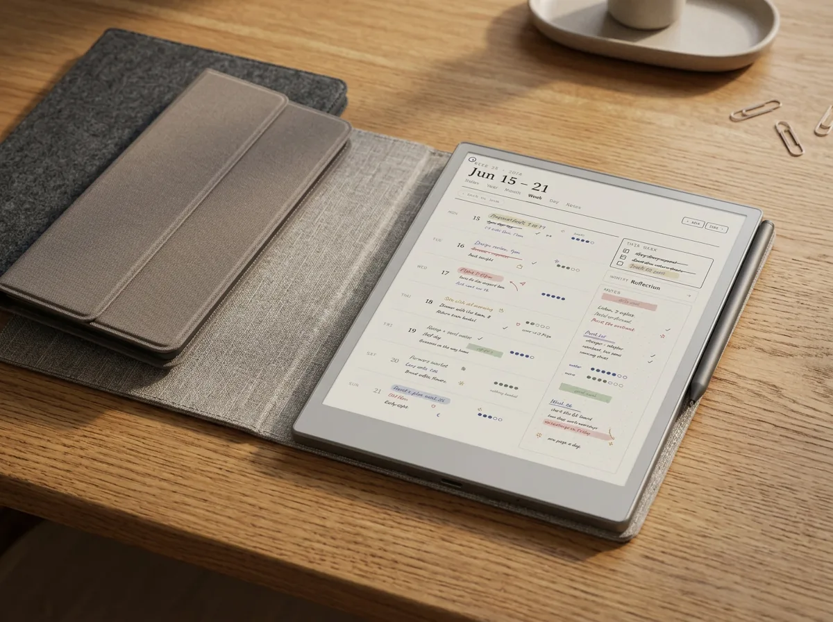 A reMarkable Paper Pro in an open folio, beside two other cover styles