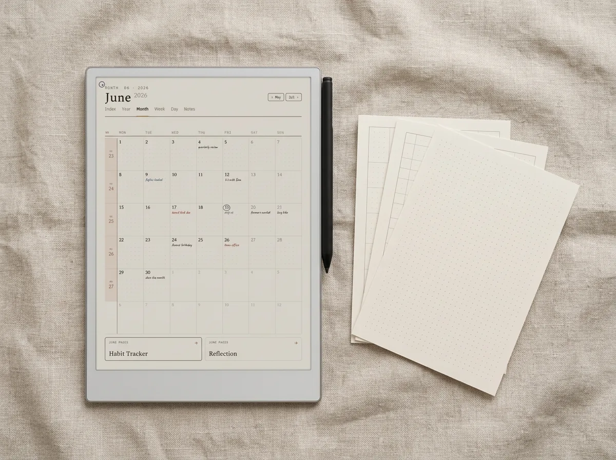 A monthly template loaded onto a reMarkable Paper Pro, beside the printed pages it replaces
