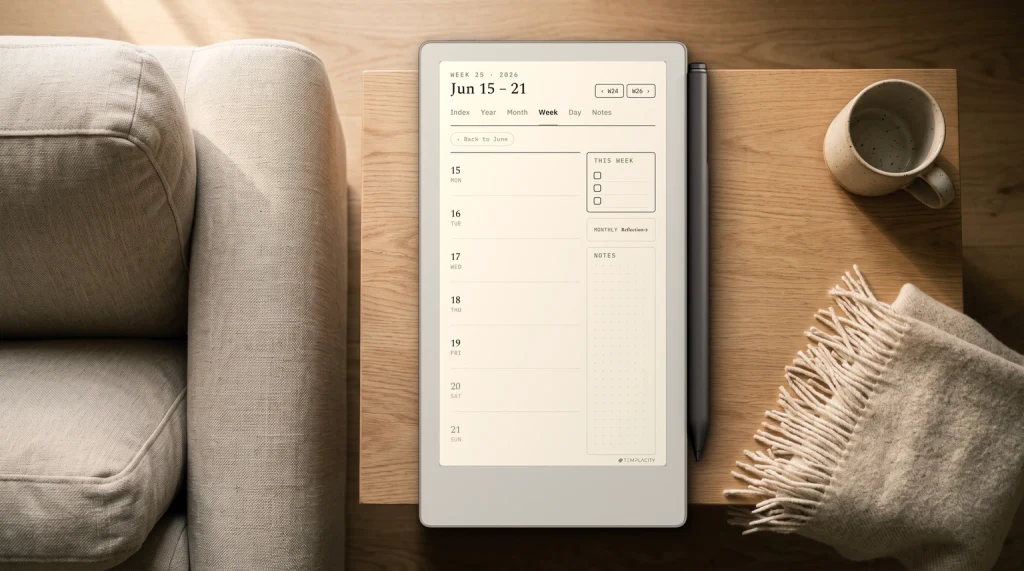 A reMarkable Paper Pro Move on a side table, its tall 9:16 portrait screen showing a weekly planner page
