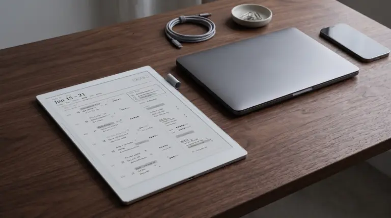A Supernote on a desk beside a closed laptop and a phone, ready to sync