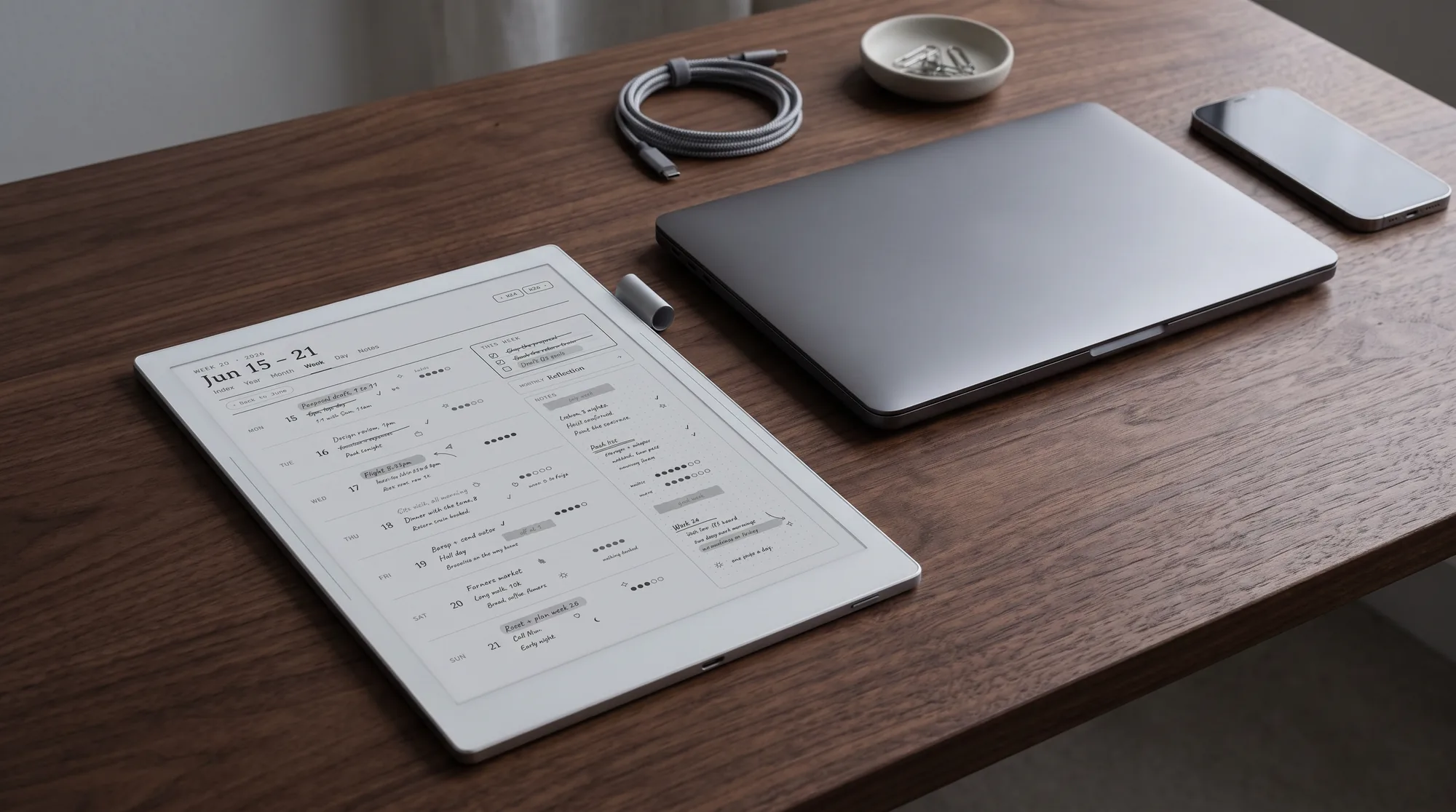 A Supernote on a desk beside a closed laptop and a phone, ready to sync
