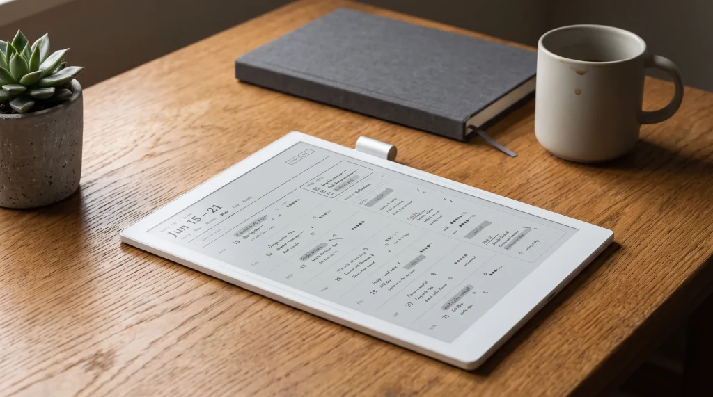 Supernote Manta on a desk showing a filled weekly planner page