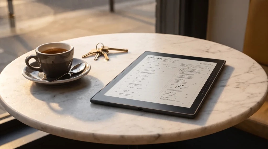 Supernote Nomad on a cafe table showing a filled daily planner page