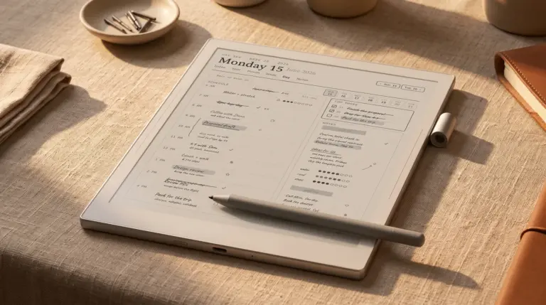 A Supernote ceramic-nib stylus resting on the tablet's daily planner page