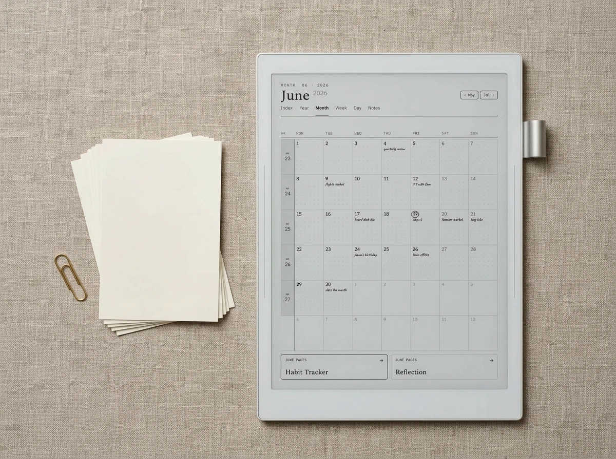 A monthly calendar template shown on a Supernote screen