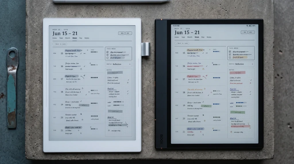 Supernote Manta beside a Boox Note Air 4C, mono writing slate against a colour Android tablet