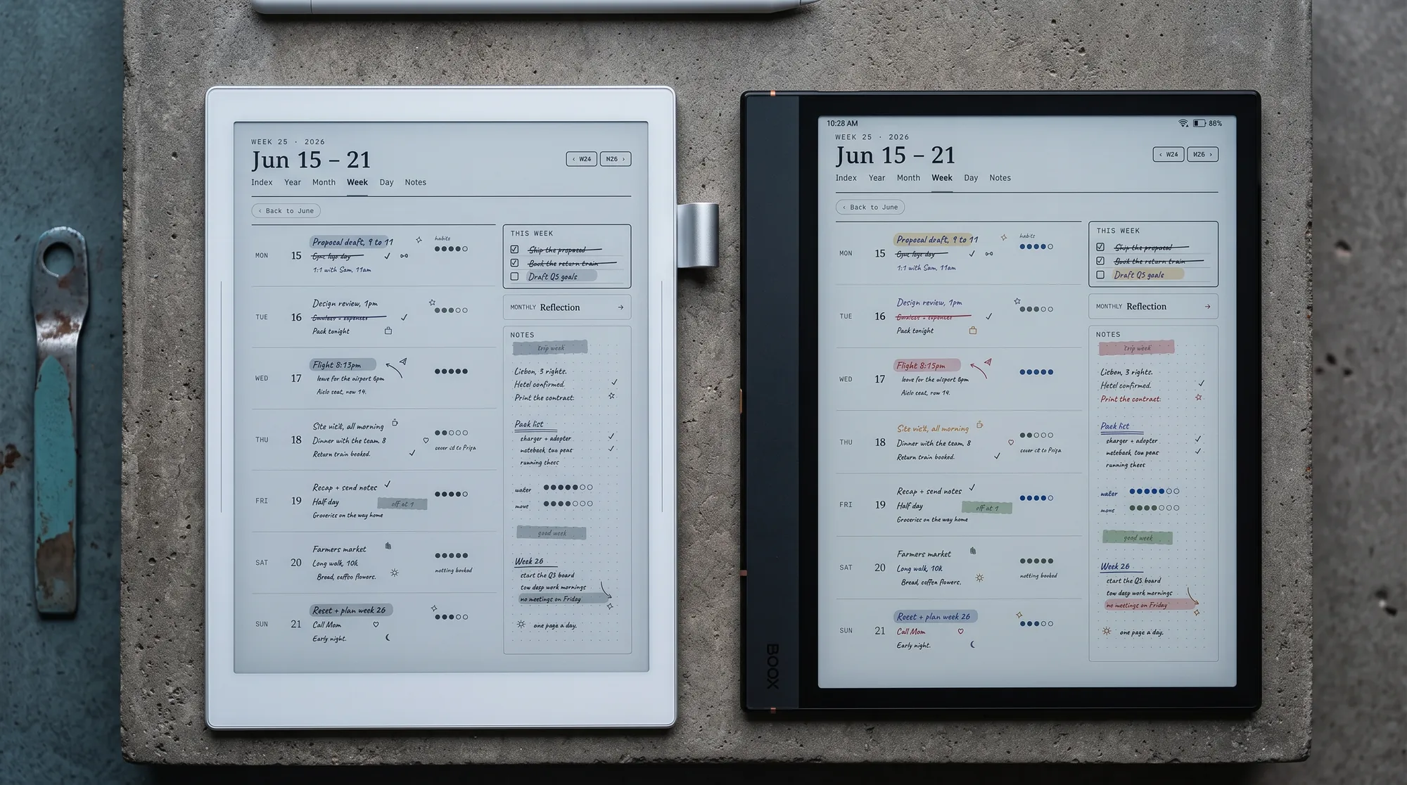 Supernote Manta beside a Boox Note Air 4C, mono writing slate against a colour Android tablet