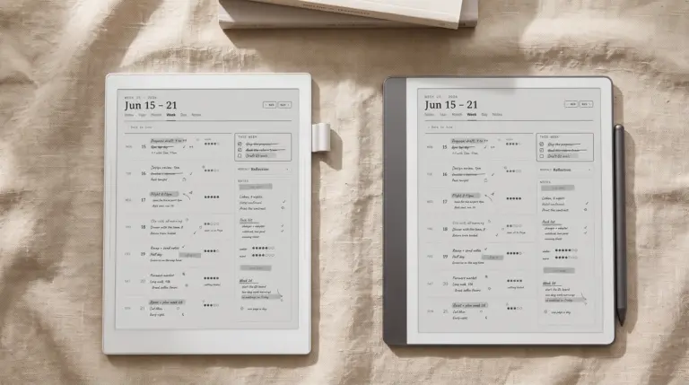 Supernote Manta beside a Kindle Scribe, both showing a weekly planner page