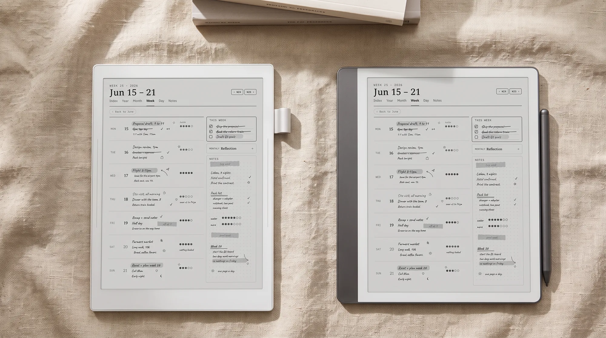 Supernote Manta beside a Kindle Scribe, both showing a weekly planner page