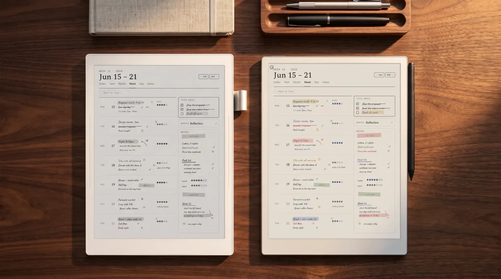 Supernote Manta beside a reMarkable Paper Pro, each showing the same weekly planner