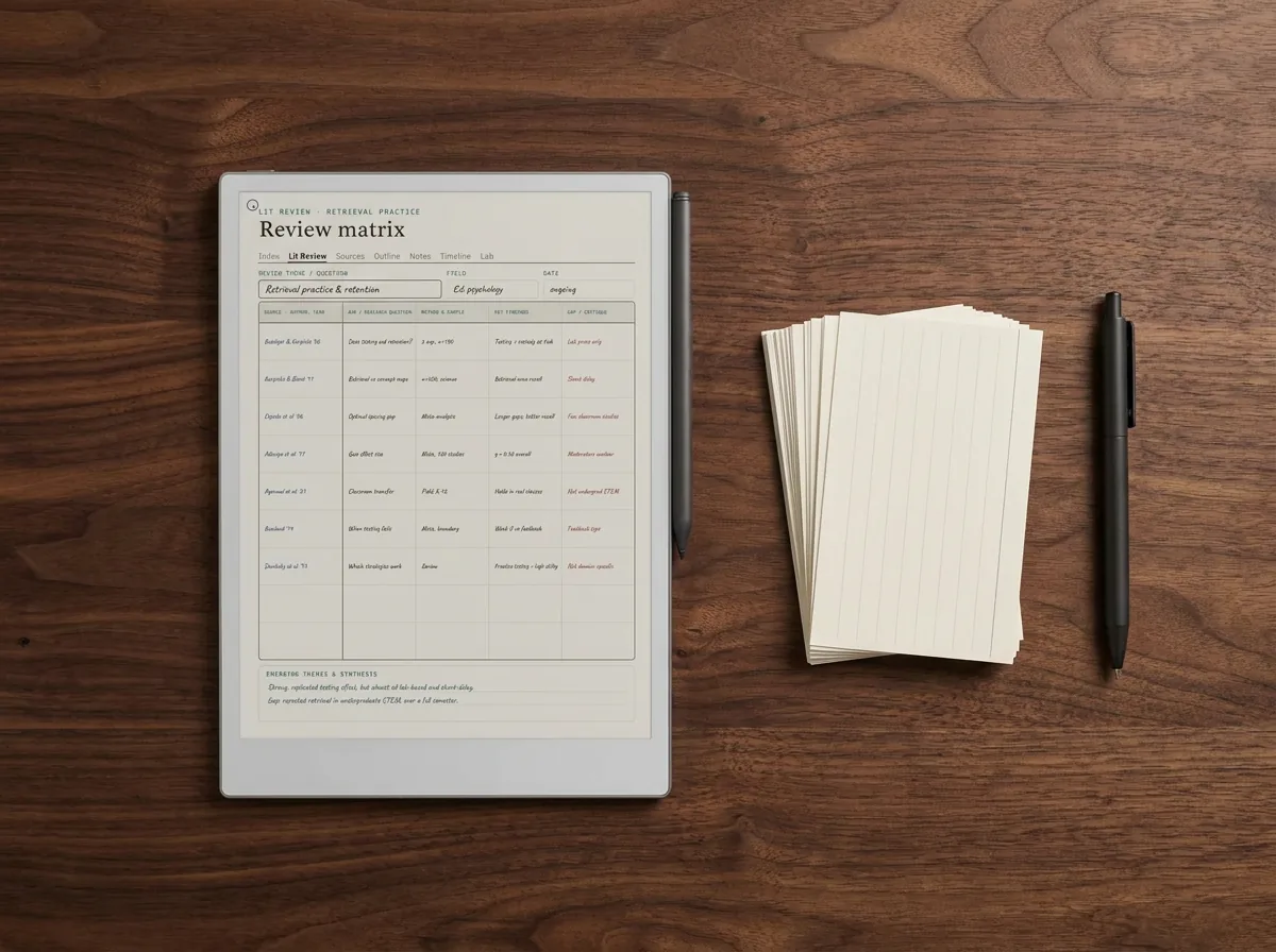 Scattered source notes pulled into one synthesis matrix on a reMarkable Paper Pro