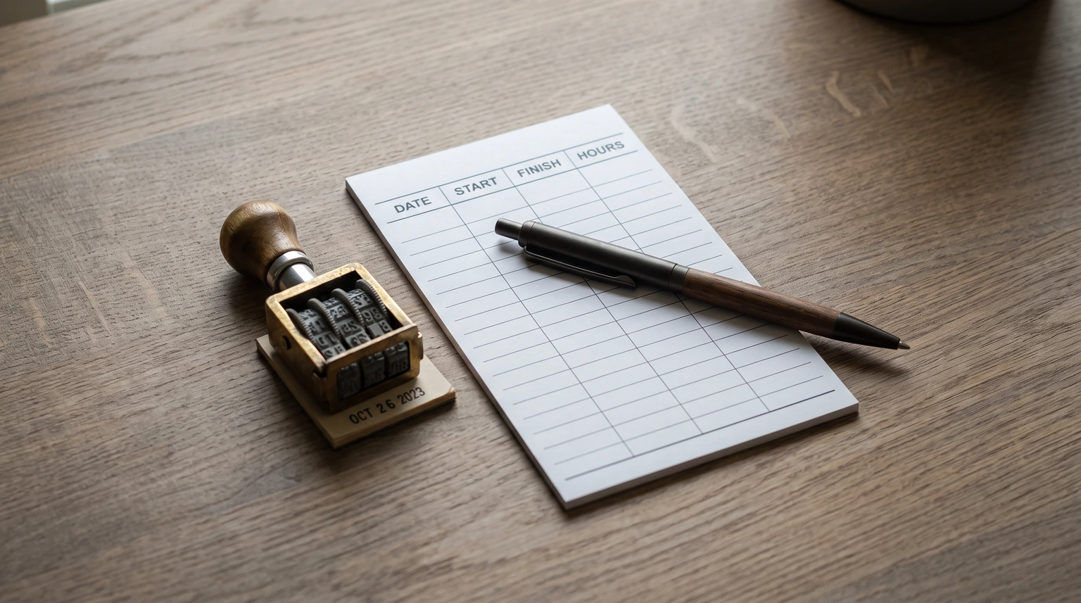 A ruled paper timesheet card and a small stamp on a wooden desk