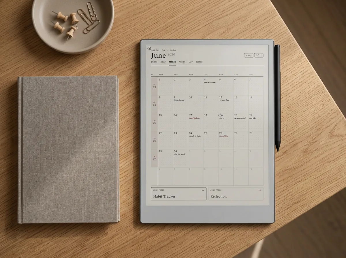 A two-year planner on e-ink beside the paper diary it replaces